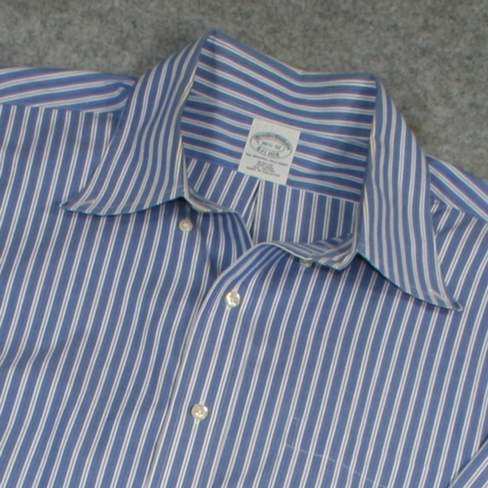 Brooks Brothers Mens Dress Shirt 16.5-32 Blue Striped Slim Fit Non-Iron Cotton